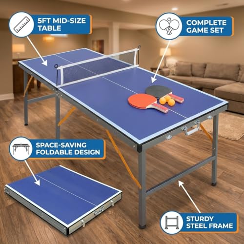 5ft Mid-Size Table Tennis Table, Foldable Portable Ping Pong Table Set with Net, 2 Paddles and 3 Balls for Indoor, Compact Space-Saving Design with Smooth Play Surface