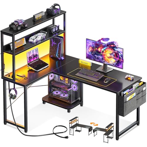 ODK 43 Inch L Shaped Desk with LED Lighting, Reversible Gaming Desk with Power Outlets, Cornor Computer Table with Storage Shelves & Bag & Iron Hook, Home Office Table for Writing, Study, Black - color: Black, size: 43 Inch