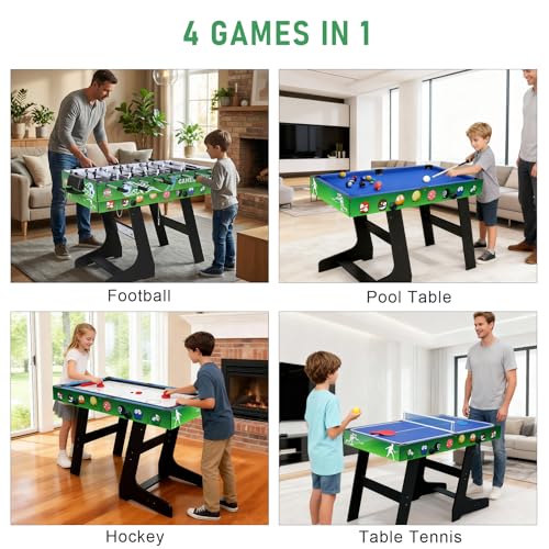 4-in-1 Multi Game Table 48inch Folding Combo Game Table, Football Table,Billiards Table, Pool/Snooker Table, Hockey Table, Table Tennis Table for Adults Family Birthday - color: Green black