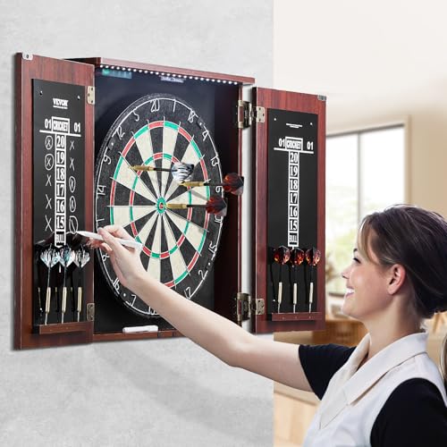 VEVOR Dart Board Cabinet Set, Multiple Styles Ready-to-Play Bundle Official Size, Steel Tip Dart Hideaway Cabinet, Features Easy Assembly, Complete with All Accessories, Perfect for Cricket Games - size: 43.3" x 21.3" x 4.3", style: Hideaway Style w/Light