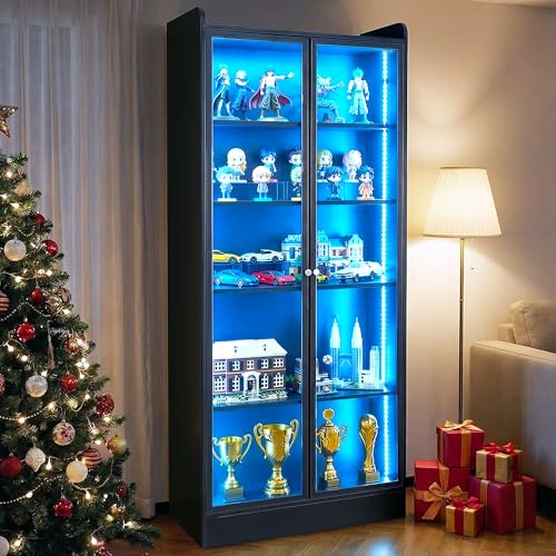 VEVOR Display Cabinet with Doors, 67in Tall Display Case with 2 Adjustable Shelves, 3 LED Lights, 5-Tier Curio Collectibles Storage Cabinet, Bookshelf Bookcase for Pantry Bedroom Living Room Office - size: 67in