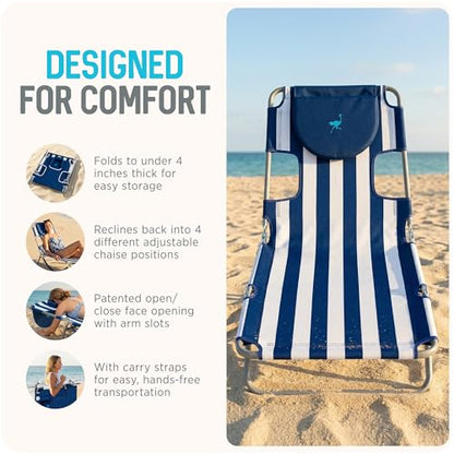 Ostrich Beach Lounge Chair, Folding & Reclining Outdoor Chaise Lounger, Blue/White Striped - Portable Adjustable Recliner Chair for Lawn, Pool, Patio, Garden, and Yard - color: Striped, style: Standard Chaise