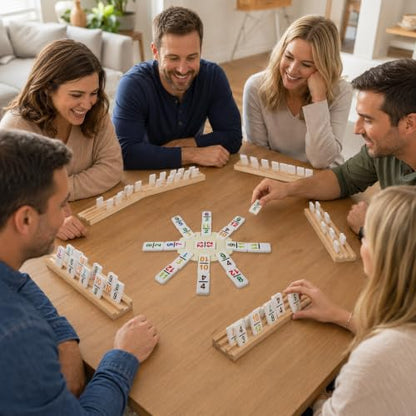 Mexican Train Dominoes Set Double 12 Number Domino Tiles, 91 Colorful Number Dominos Tiles with 8 Wooden Racks, Hub & Trains, Portable Domino Game Set for Adults Kids Families - style: Double 12 Number + 8 Racks