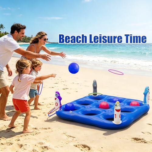 Shark Pool Toys Games Set, 2-in-1 Giant Inflatable Tic Tac Toe Float Game & Ring Toss Game with 10 Balls & 6 Rings, Outdoor Summer Fun Beach Yard Swimming Pool Games for Adults Teens Kids 6+ - style: Shark
