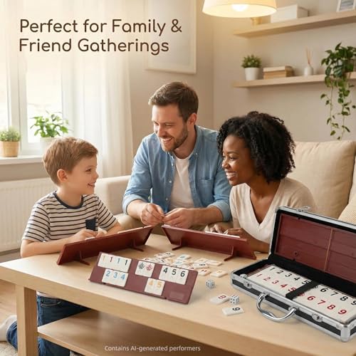 Smilejoy Rummy Cube Game Four Players Edition, Deluxe 106 Tiles Rummy Cube with Portable Aluminum Box, Classic Board Game for Children and Adults,4 Durable Plastic Trays,Timing(2-4 palyers)