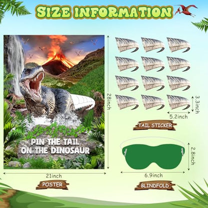 Faccito Pin Tail on Dinosaur Birthday Games Dinosaur Party Decorations Large Poster with 24 Tails Stickers Blindfold Pin Tail Games for Birthday Party Decorations Activities Supplies - style: Dinosaur