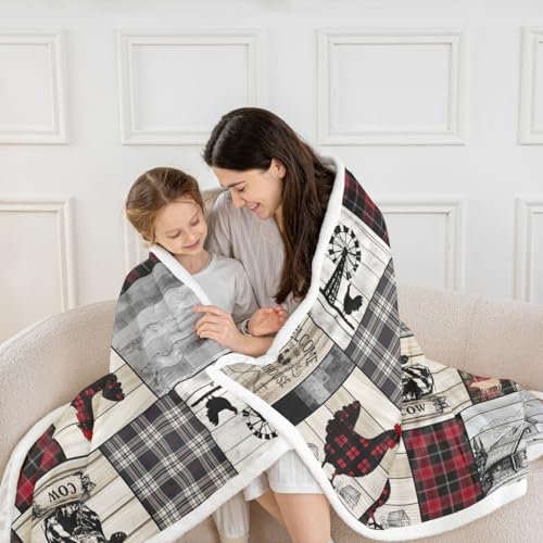 Rustic Farm Animal Fleece Bed Blanket Twin 60"X80" Retro Buffalo Plaid Farmhouse Cabin Throw Blanket Country Sheep Chicken Cow Print Sherpa Blanket,Grid Windmill Flannel Blanket Red Black Grey - color: Pattern 16, size: Twin(60"x80")