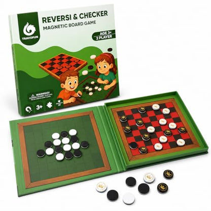 2-in-1 Checkers & Reversi Board Game | Magnetic Travel Games for Kids 8-12 | Plane Activities for Kids Ages 8-12 | Foldable Magnetic Checkers & Travel Activities - color: Reversi