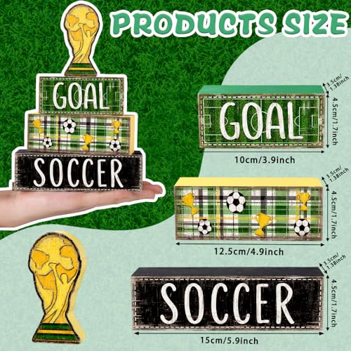 DIYDEC 4Pcs Soccer Tabletop Decorations Wooden Trophy Block Signs Gift Rustic Football Tiered Tray Decor Soccer Centerpiece World Cup Table Sign for Home Office Tabletop Fireplace Party Decor - style: Soccer Trophy