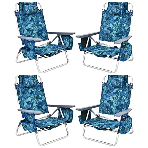 Tangkula Set of 4 Backpack Beach Chair, 5-Position Lay Flat Beach Chairs with Cooler Bag, 2 Cup Holders, Towel Bar, Lightweight Low Folding Beach Chair with Backpack Straps, Navy - color: Navy, style: 4 Pack