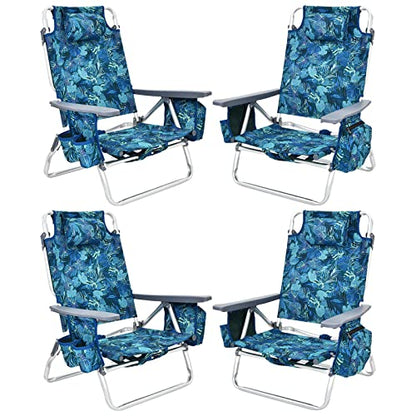 Tangkula Set of 4 Backpack Beach Chair, 5-Position Lay Flat Beach Chairs with Cooler Bag, 2 Cup Holders, Towel Bar, Lightweight Low Folding Beach Chair with Backpack Straps, Navy - color: Navy, style: 4 Pack