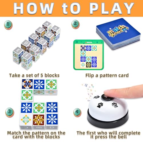 varbertos Wooden Matching Game Puzzle Games, Pattern Block Match Puzzles Building Cubes with Bell for Kids and Adults Toys Board Games for Family Night