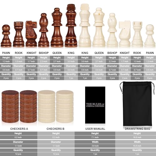 2 in 1 Wooden Chess and Checkers Set - Folding Magnetic Chess Board with Storage Slots, Chess Pieces, Portable Travel Chess Set for Adults & Kids, Includes Carry Bag