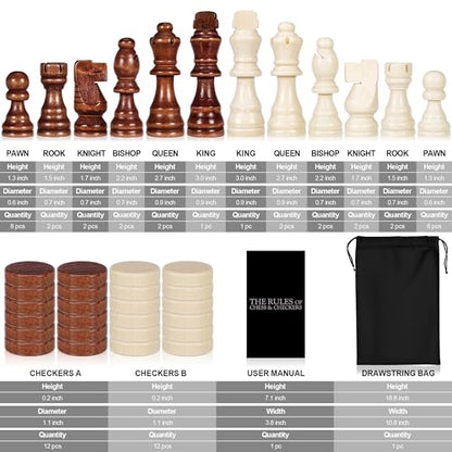 2 in 1 Wooden Chess and Checkers Set - Folding Magnetic Chess Board with Storage Slots, Chess Pieces, Portable Travel Chess Set for Adults & Kids, Includes Carry Bag