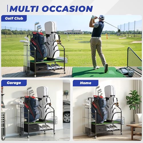 Golf Bag Organizer Storage Rack, Rolling Golf Storage Organizer for Garage, Golf Equipment Holder with Wheels, Turf Mat, Carbon Steel - size: 31.5 in (L) x 15.8 in (W) x 37.4 in (H)