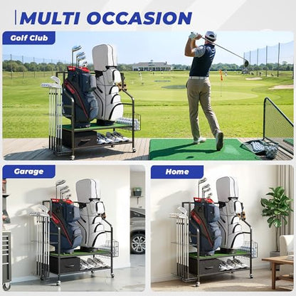 Golf Bag Organizer Storage Rack, Rolling Golf Storage Organizer for Garage, Golf Equipment Holder with Wheels, Turf Mat, Carbon Steel - size: 31.5 in (L) x 15.8 in (W) x 37.4 in (H)