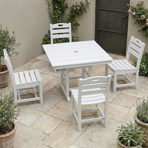 5 PCS Outdoor Dining Set, Weather Resistant HDPE 37.8" Square Patio Table and Chairs Patio Furniture Sets with 1.7" Umbrella Hole for Garden, Backyard, Yard, Pool, Balcony - color: 37.8" Outdoor Dining Set of 5, White