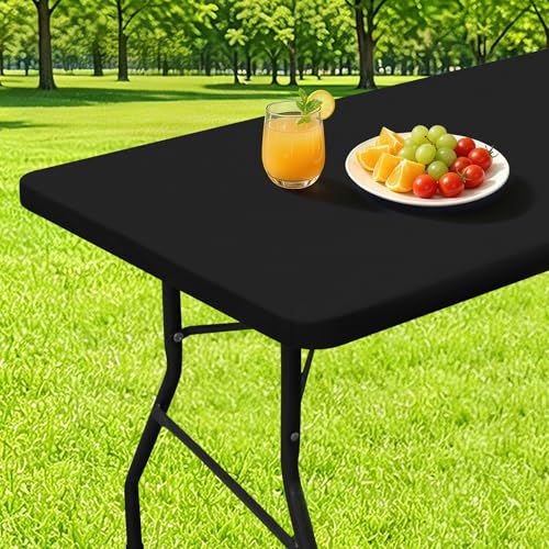 Smiry Rectangle Table Cloth, Waterproof Elastic Fitted Tablecloths for 6 Foot Tables, Washable Polyester Table Cover for Picnic, Camping, Outdoor (Black, 30"x72") - color: Black, size: 72" X 30" (Rectangular)