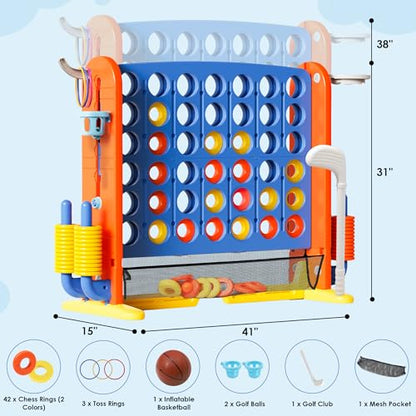 Wdmiya Giant 4 Outdoor Game Set, 4-in-1 Height Adjustable Jumbo 4-in-a-Row Game with Ring Toss, Basketball Hoop & Golf, Backyard Games for Kids & Adults, Includes Mesh Pocket (Upgrade Blue) - color: Upgrade Blue