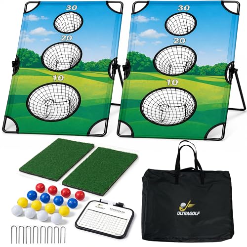 2-in-1 Golf Cornhole Chipping Game Set for Adults, Families and Golf Lovers – Foldable Yard Game with Targets, Non-Slip Mats, Balls, Stakes – Portable Outdoor Lawn and Backyard Simulator