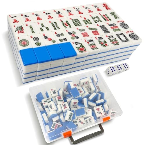 166 American Mahjong Tiles Only with Portable Carrying Storage Box & 3 Dice, 1.2" Mahjong Set for Party, Play with Friends Family (Blue) - color: Blue