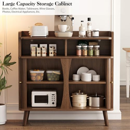 Decofy 39" Buffet Sideboard Cabinet, Mid Century Modern Console Cabinet with Roller Shutter Sliding Doors & Adjustable Shelves for Kitchen Cabinets, Living Room, Entryway, Coffee Bar Cabinet (Walnut) - color: Walnut