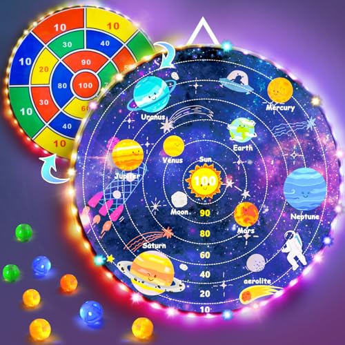 2 in 1 29" Large LED Dart Board for Kids, Kids Dart Board with LED Sticky Balls for Boy Toys, Indoor & Outdoor Sport Fun Party Kids Toys Games,Birthday Gifts for 4-12 Year Old Boys&Girls - style: Universe