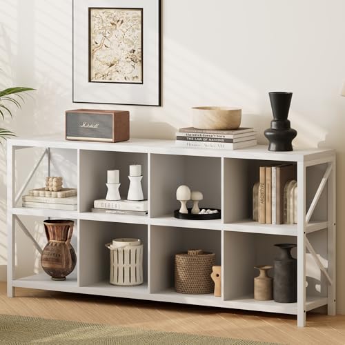 8 Cube Storage Organizer Bookshelf, Industrial Horizontal Bookcase, Accent Cubby Shelf, Media Console Table for Living Room, Home Office, 13.6" D x 63" W x 30.9" H, White - color: White, size: 8 Cube- 2 Tier
