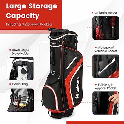 KOTEK Golf Stand Bag, 14 Way Top Divider Golf Club Bag with Cooler, 6 Zippered Pockets, Rain Hood, Adjustable Dual Shoulder Straps & Umbrella Holder, Lightweight Golf Bag for Men Women - color: Red