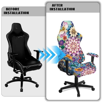 Gaming Chair Covers with Zipper Decorative Dustproof Stretch Gamer Chair Cover with Armrest Covers Washable Fabric Non-Slip Anti-Scratch Office Armchair Slipcover, Boho Flower - color: Boho Flower