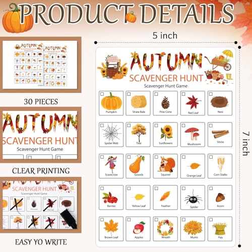 Hoolerry 30 Pcs Scavenger Hunt for Kids Road Trip Game Car Spring Summer Wedding Scavenger Hunt Cards Travel Activities Camping Games Outdoor Indoor Seek Activity for Kids Adults (Autumn) - style: Autumn