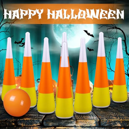 11 Pcs Candy Corn Inflatable Bowling Set Including 13.4 Inches Ball and 10 Pcs 21.6 Inches Bowling Pins for Adults Halloween Fall Carnival Festival Party Game Supplies
