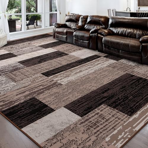 FlyDOIT Modern Geometric Patchwork Area Rug, 4x6 Chocolate Large Rugs for Living Room, Rockwood Collection Indoor Rugs for Bedroom, Throw Carpet Floor Decor for Entryway Dining Room Office Nursery - color: Chocolate, size: 4' x 6' (Rectangular)