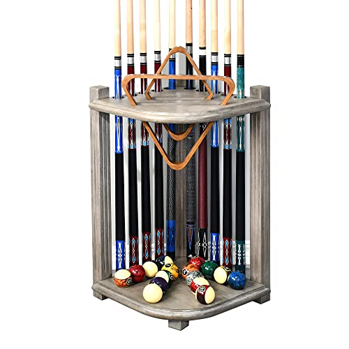 CROWN ME Deluxe Corner Floor Cue Rack, Pool Cue Holder - Smoky Finish, Solid Hardwood, Holds 10 Cues, 16.5-in W x 16.5-in D x 28-in H