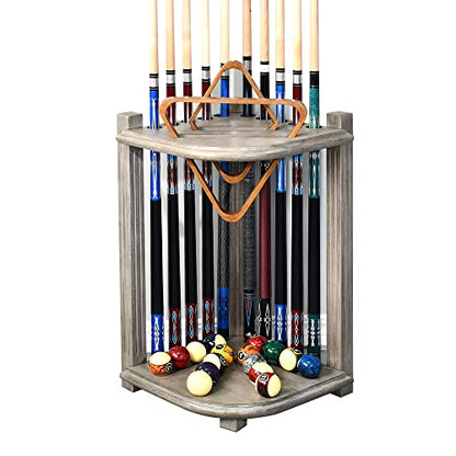 CROWN ME Deluxe Corner Floor Cue Rack, Pool Cue Holder - Smoky Finish, Solid Hardwood, Holds 10 Cues, 16.5-in W x 16.5-in D x 28-in H