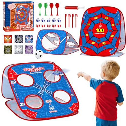 4-in-1 Spider Bean Bag Toss Game for Kids, Kids Cornhole Game Set Indoor Outdoor Toys for Boys Girls Ages 3-8, Football Toss Sticky Ball Dart Game, Backyard Lawn Beach Birthday Party Gift