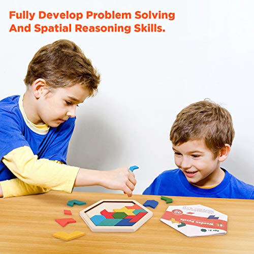 Vanmor Wooden Tangram Puzzle Brain Teaser for Kids Ages 3-8 & Adults, Shape Pattern Block Geometric Logic IQ Game with 60 Challenges, Montessori STEM Educational Gift Toy - color: Hexagon