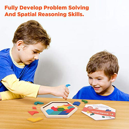 Vanmor Wooden Tangram Puzzle Brain Teaser for Kids Ages 3-8 & Adults, Shape Pattern Block Geometric Logic IQ Game with 60 Challenges, Montessori STEM Educational Gift Toy - color: Hexagon