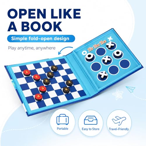 2-in-1 Travel Checkers and Tic Tac Toe Game for Kids Ages 8-12, Magnetic Checkers Board Game, Foldable Road Trip and Plane Activities - color: Checkers