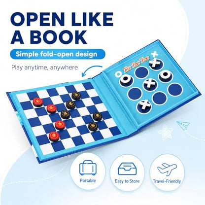 2-in-1 Travel Checkers and Tic Tac Toe Game for Kids Ages 8-12, Magnetic Checkers Board Game, Foldable Road Trip and Plane Activities - color: Checkers