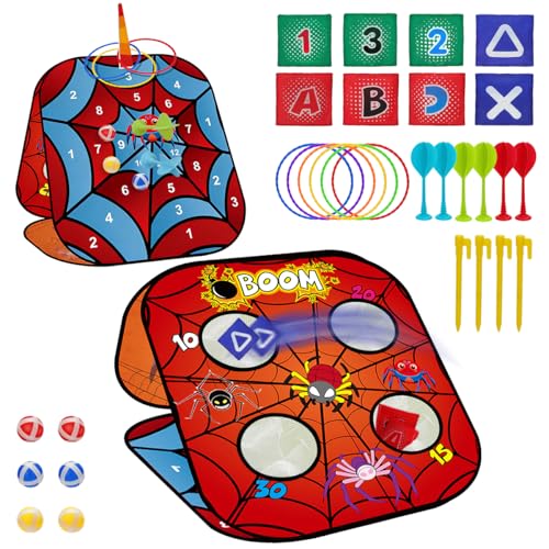 5-in-1 Bean Bag Toss Game for Kids Ages 3-8, Outdoor Cornhole Set with 3 Interchangeable Boards (Toss/Dart/Tic-Tac-Toe), Includes 8 Beanbags 6 Balls/Darts/Rings, Backyard Toys for Boys - style: Spider