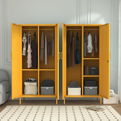 Industrial 67" Yellow Lockable Metal 2-Door Storage Cabinet, Multi-Purpose Wardrobe with Hanging Rod & Adjustable Shelves, Heavy Duty for Bedroom, Garage, Home Office 67"H X 31.5"W X 18.1"D - color: Mustard, style: Wardrobe-67"H-JS