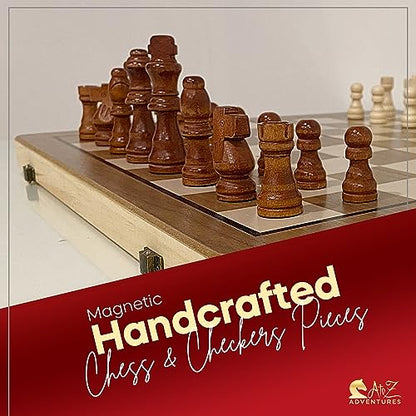 Magnetic Chess Set with Checkers - 15" (2 in 1) Folding Wooden Chess Sets for Adults & Kids with 2 Extra Queens | Travel Chess Board Game Set with Chess Pieces Storage Slots, Luxury Gift with Storage