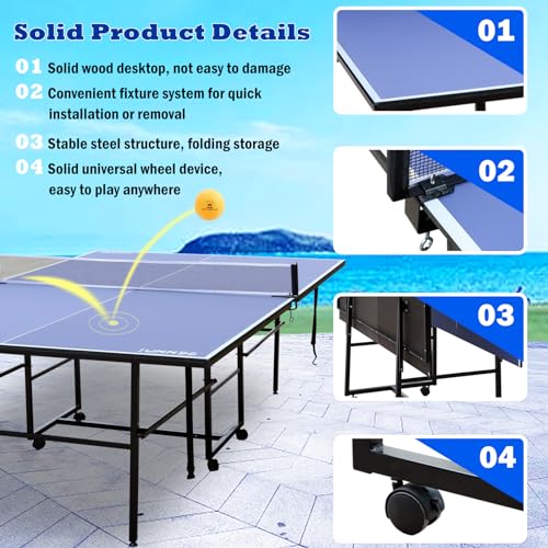 Table Tennis Table Mid-Size, Foldable Ping Pong Table Top Full Size with 2 Paddles, 2 Balls, 1 Net & 4 Wheels, Folding Table Tennis for Indoor & Outdoor, Quick Assembly to Support Multiplayer - size: 9ft