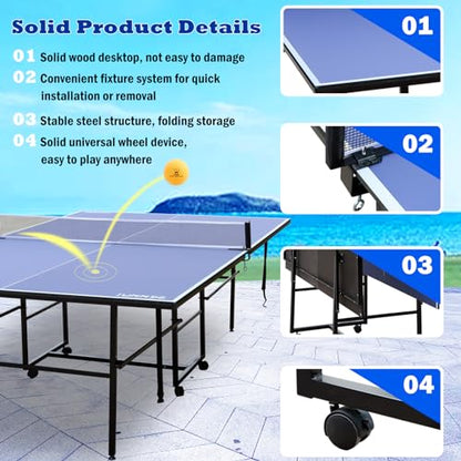 Table Tennis Table Mid-Size, Foldable Ping Pong Table Top Full Size with 2 Paddles, 2 Balls, 1 Net & 4 Wheels, Folding Table Tennis for Indoor & Outdoor, Quick Assembly to Support Multiplayer - size: 9ft
