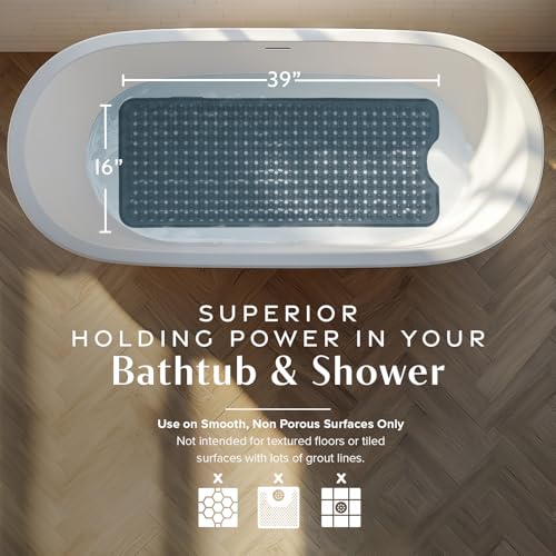 SlipX Solutions Power Grip Bathtub Safety Mat | Precision Grip Technology for Longer, Stronger, & Softer Wet Surface Protection | Clear Black 39"x16" - color: Clear Black