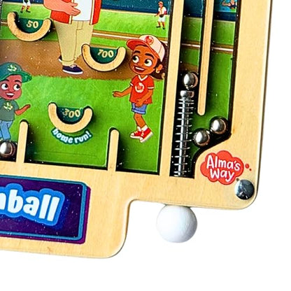 Upbounders® Alma's Way™ Baseball-Béisbol Wooden Pinball, Hand-Held Travel Game for Kids Ages 3+, Bilingual Sports Theme