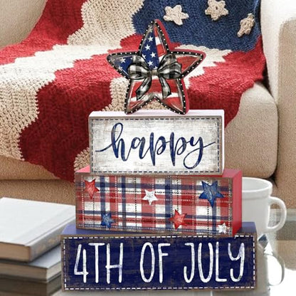 DIYDEC 4Pcs Memorial Day Table Decor 4th of July Patriotic Wood Signs Independence Tiered Tray Decor America Red Blue Centerpieces Signs for Farmhouse Holiday Tabletop Home Party Decoration - style: Independence Day Star