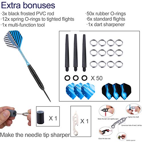 Darts Metal Tip Set - 3 Pack Professional 22 Grams Steel Tip Darts with Slim Case Black Purple Blue Aluminum Shafts 9 Flights 50 Rubber O'Rings 1 Dart Sharpener 12 Spring Rings - color: 22 Grams - blue