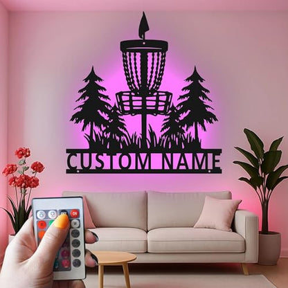 Custom Disc Golf Basket Led Light Metal Wall Art Personalized Gift for Disc Golfers Outdoor Sports Decor